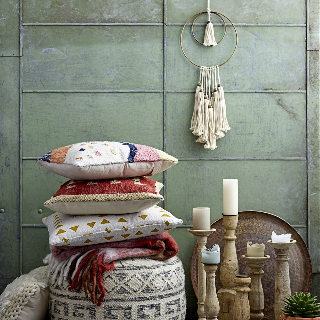 Bohemian macrame style wall hanging with tassels