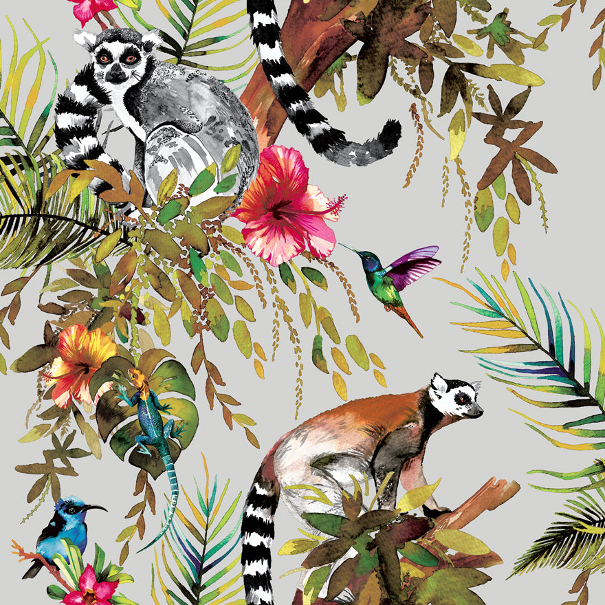 Kooky Jungle Lemur Wallpaper in Silver