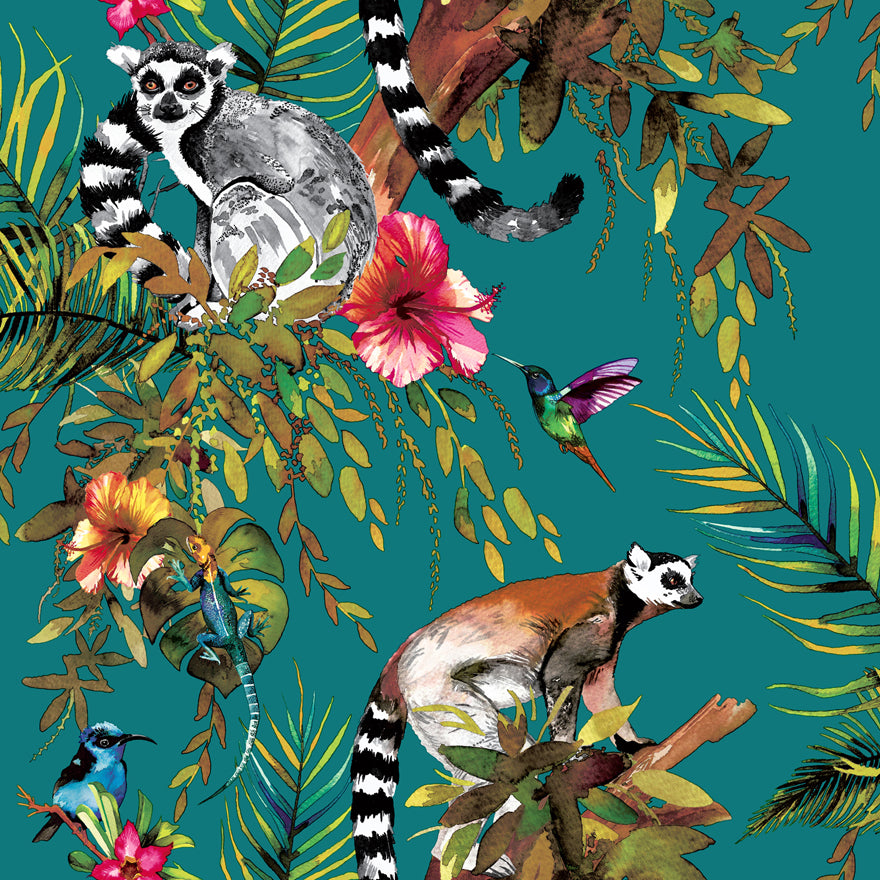 Kooky Jungle Lemur Wallpaper in Teal