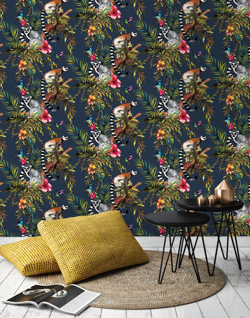 Kooky Jungle Lemur Wallpaper in Midnight Blue