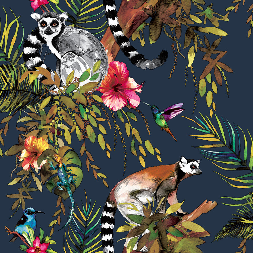 Jungle Kooky lemur wallpaper in midnight blue