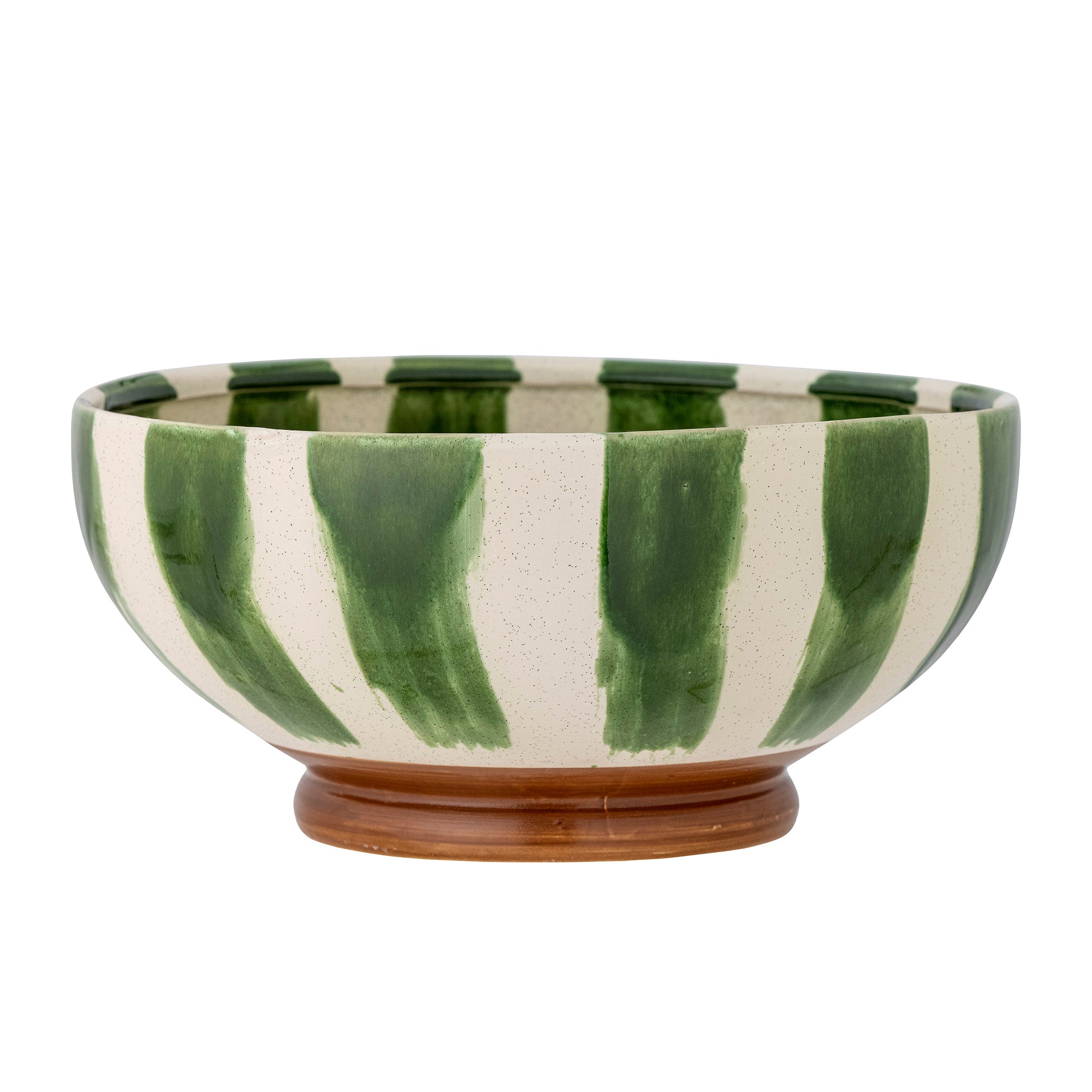 Ceramic bowl with green and white striped pattern on a white background