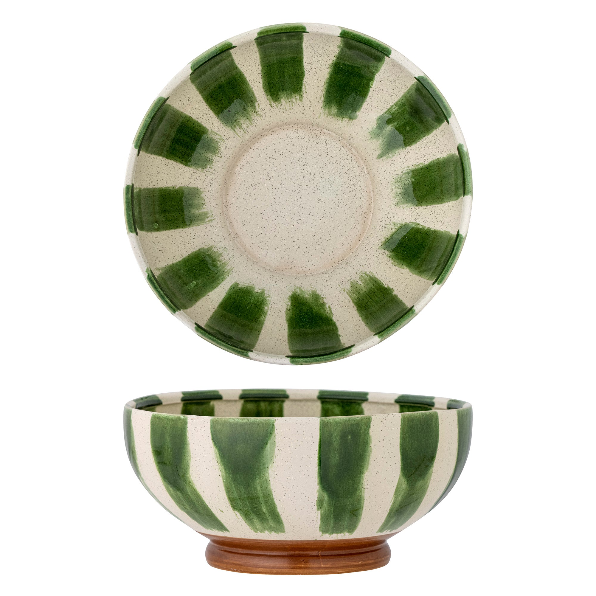 Ceramic bowl with green and white striped design on a white background