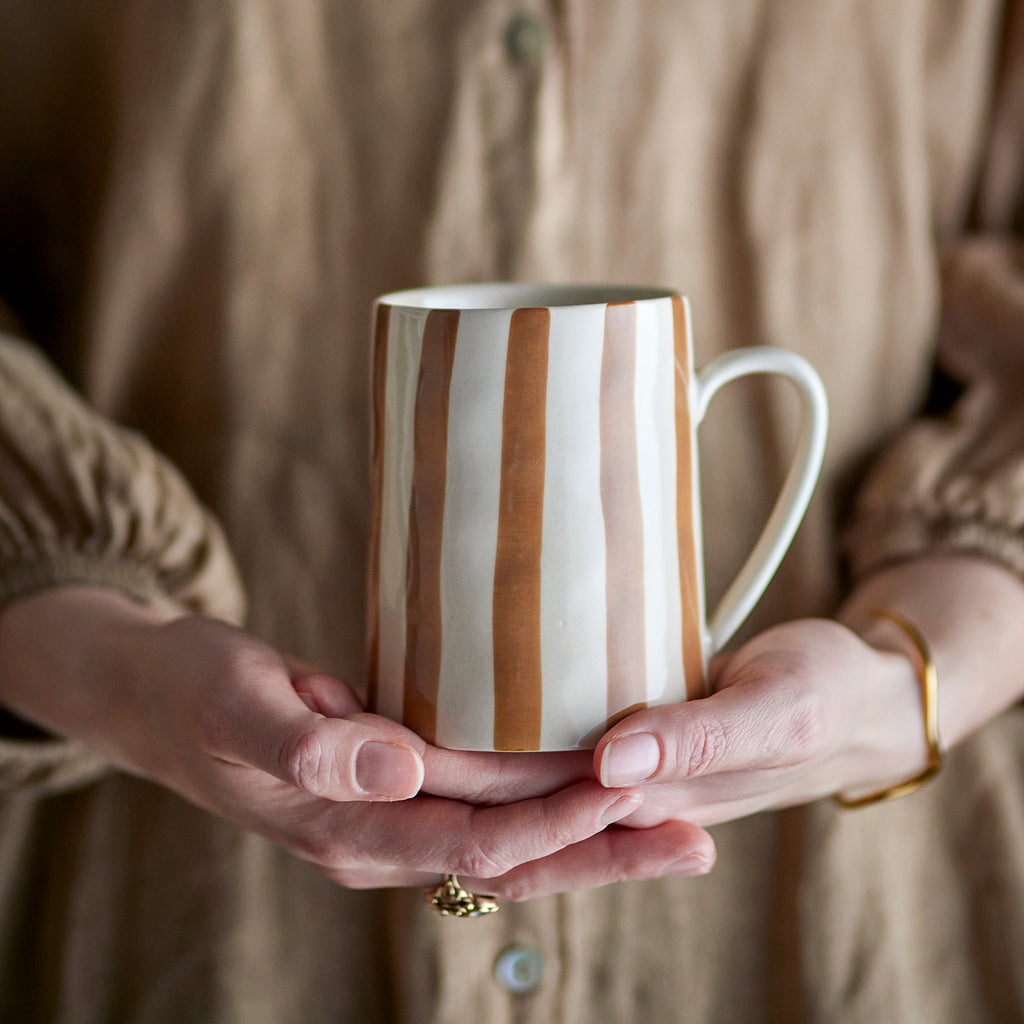 Striped Stoneware Mug in Sienna Brown