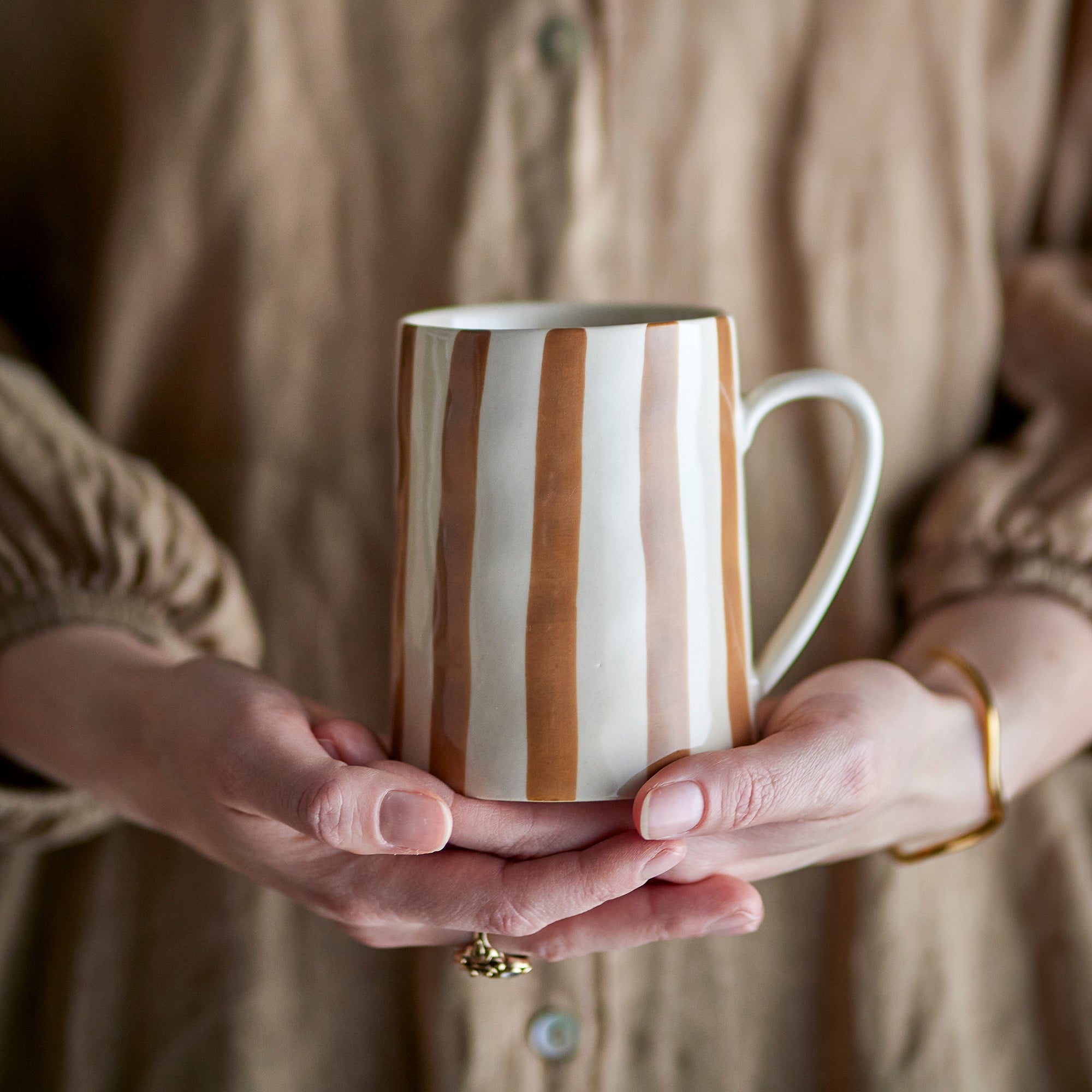 Striped Stoneware Mug in Sienna Brown