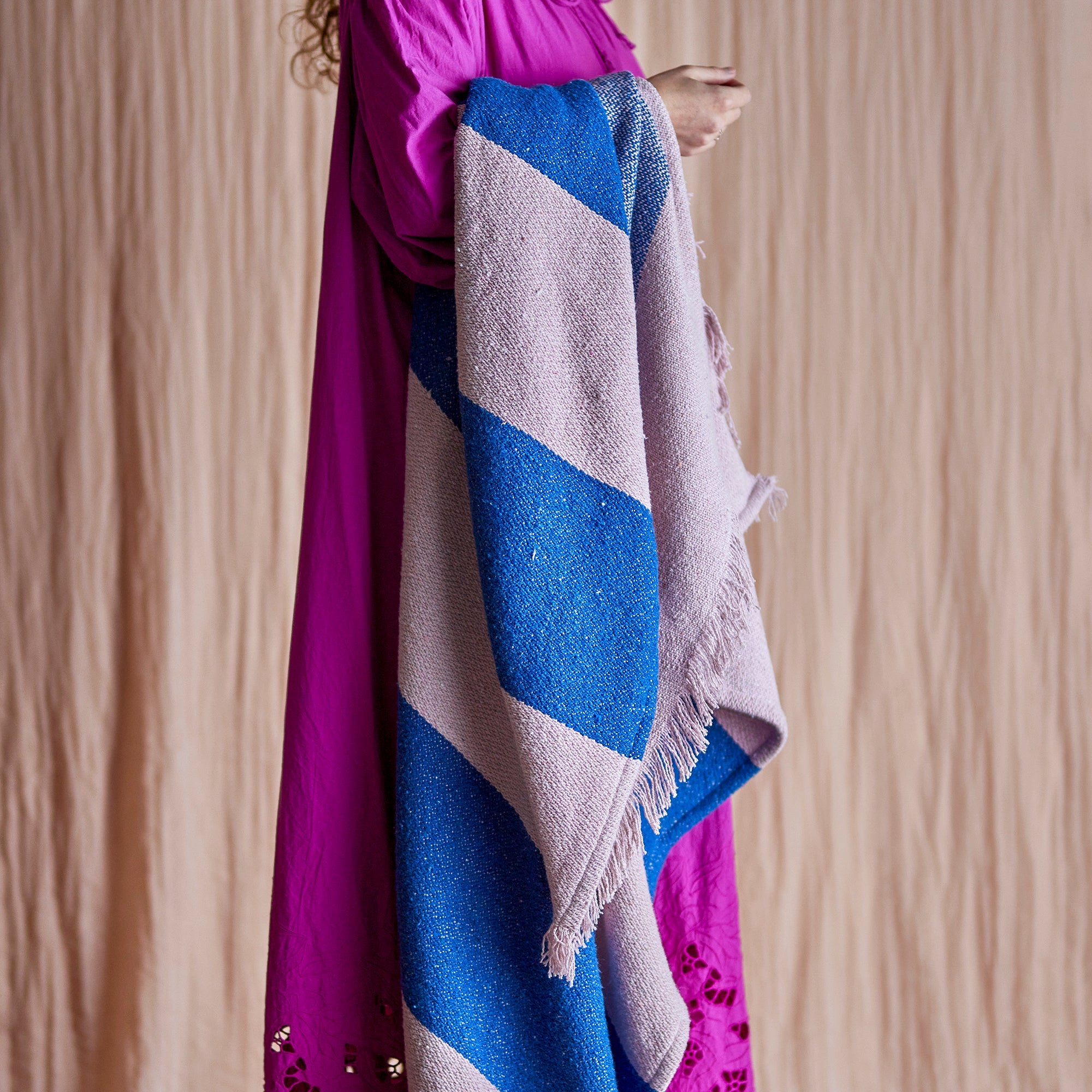 Recycled Cotton Throw Blanket in Rose & Cobalt