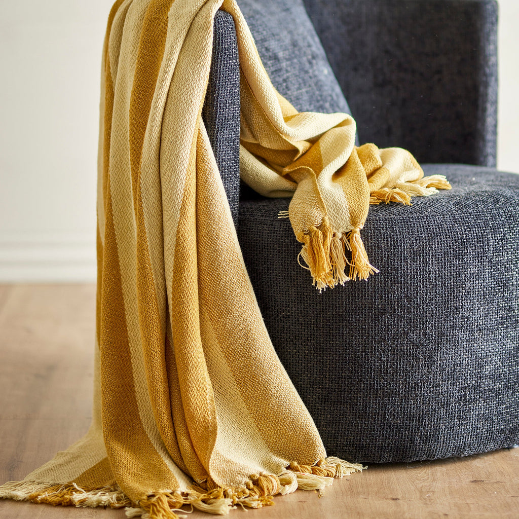 Textured Striped Recycled Cotton Throw Blanket in Ochre
