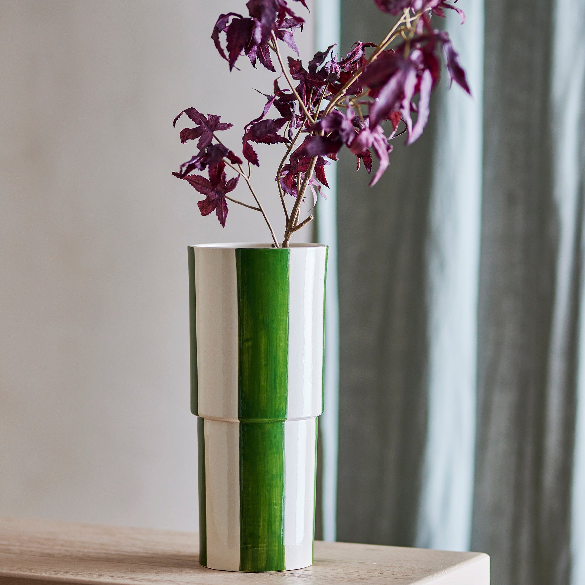Emerald & Bone Striped Stoneware Vase