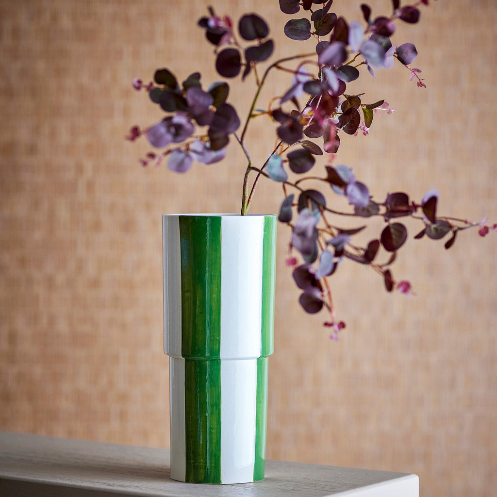 Emerald & Bone Striped Stoneware Vase