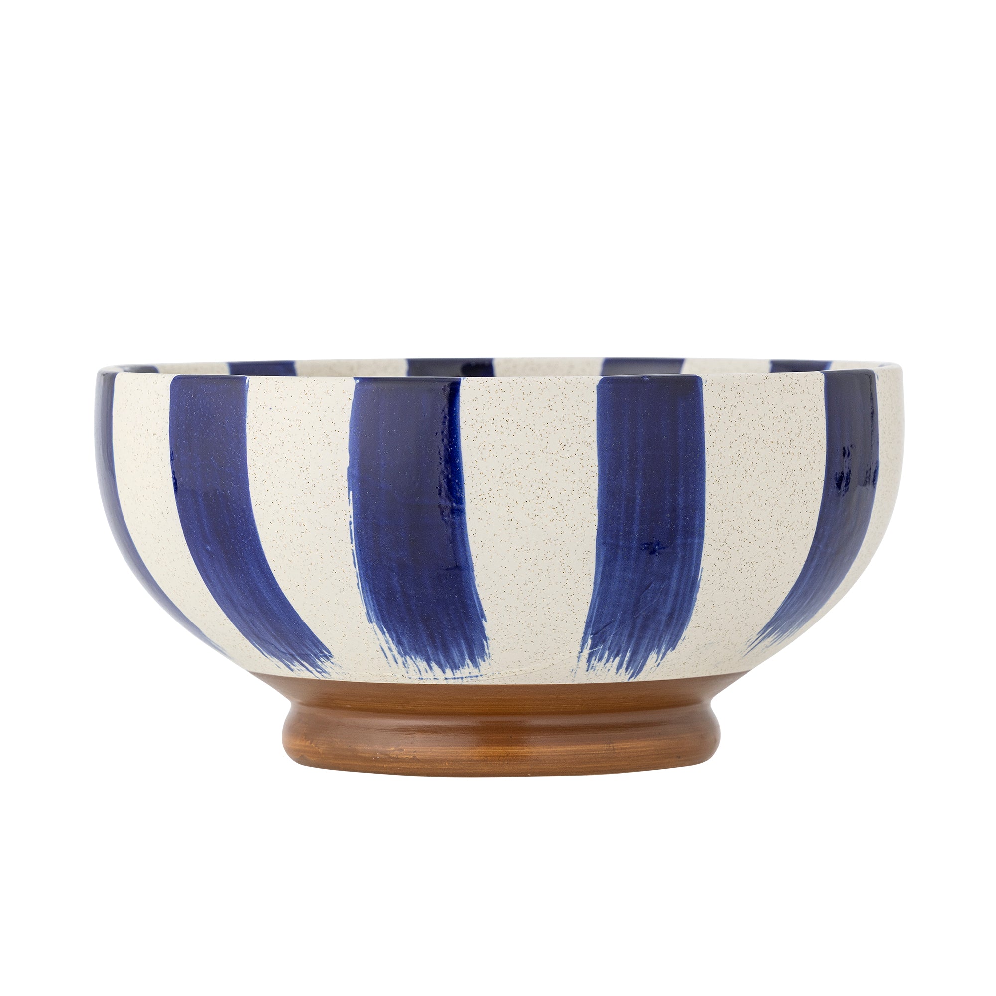 Ceramic bowl with blue and white striped design on a white background