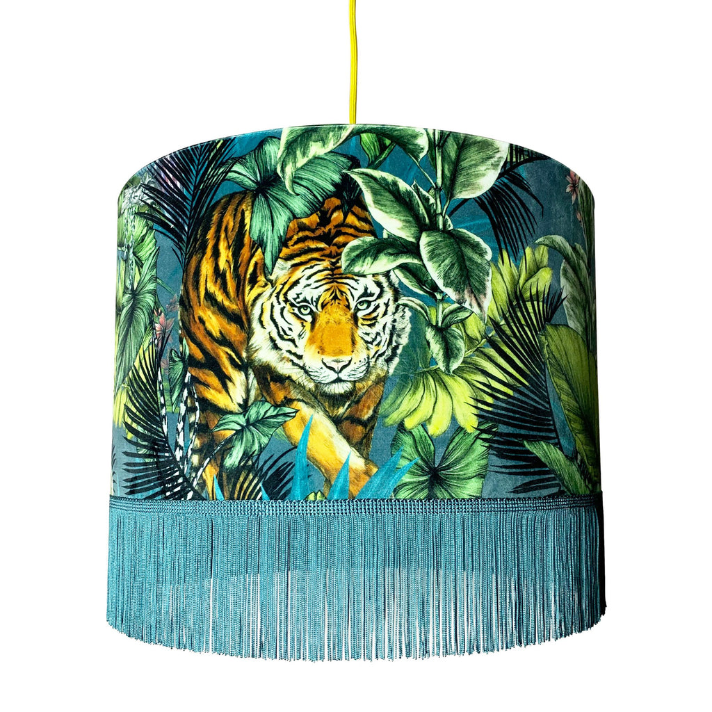 Big Cat Velvet Lampshade With Gold Lining and Fringing in Flint Blue