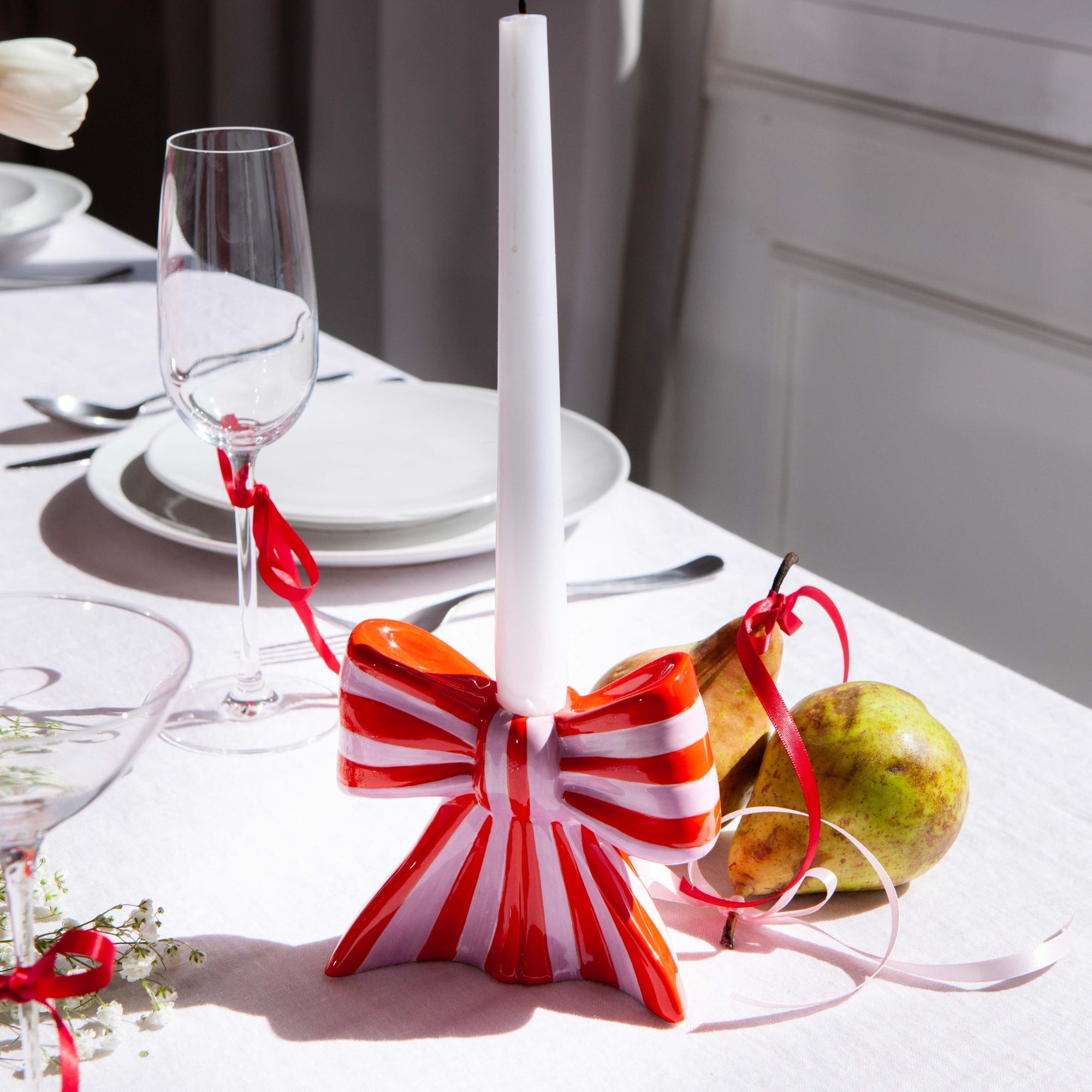 Candy Stripe Red & Pink Bow Candle Holder