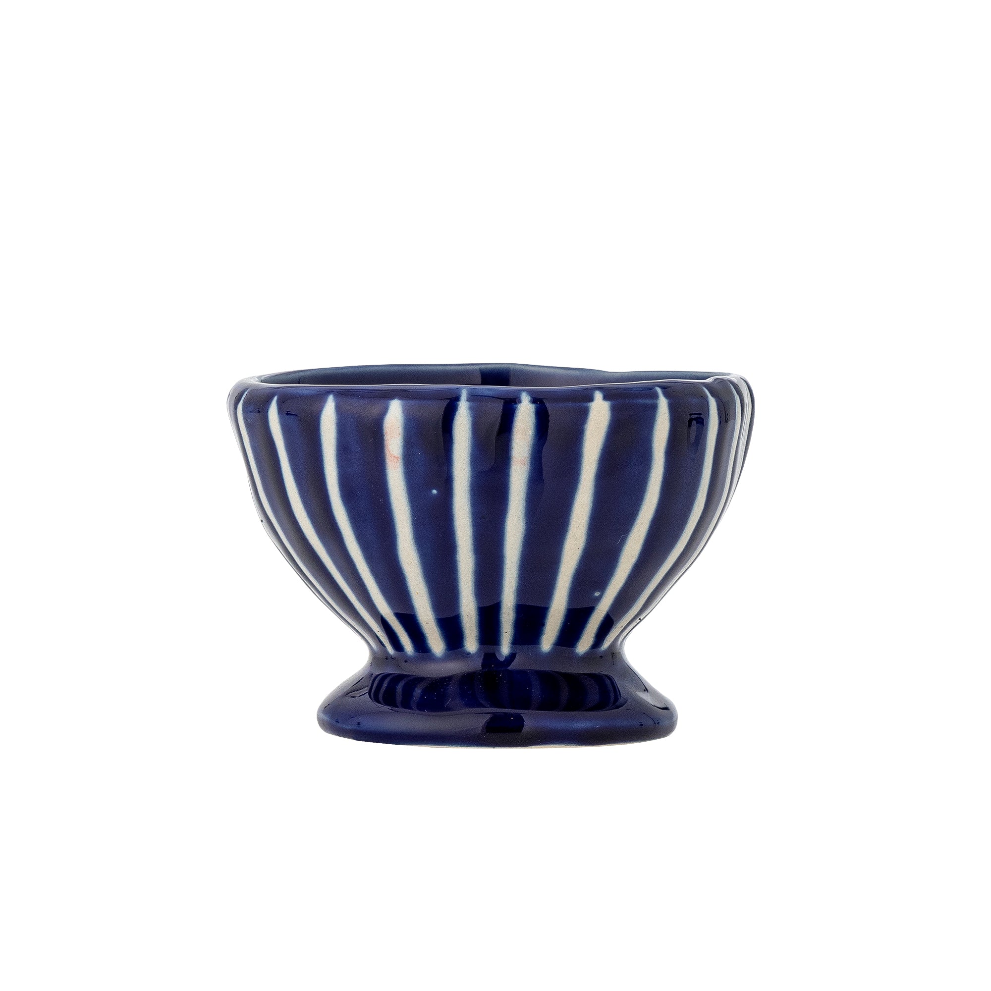 Blue ceramic bowl with white stripes on a white background