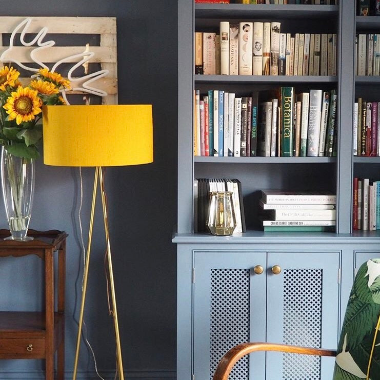 Our Mustard silk lampshade looking great at the home of Erica Davies