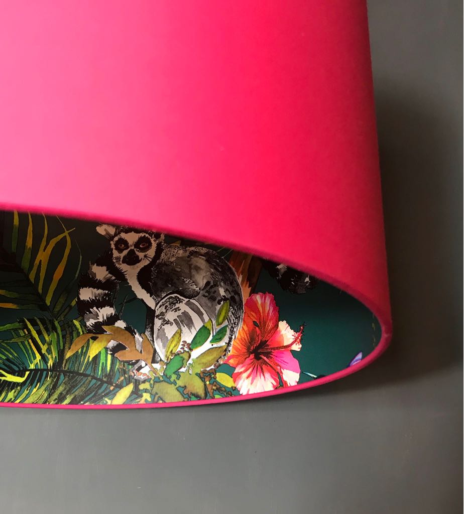 Teal Lemur lampshade in Watermelon Pink Close Up