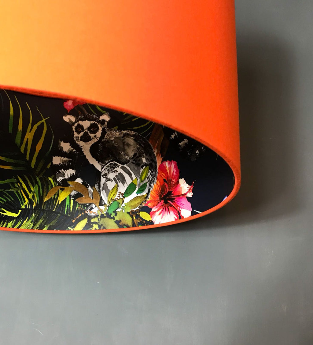 Midnight Blue Lemur Silhouette Lampshade in Tangerine Orange Close Up