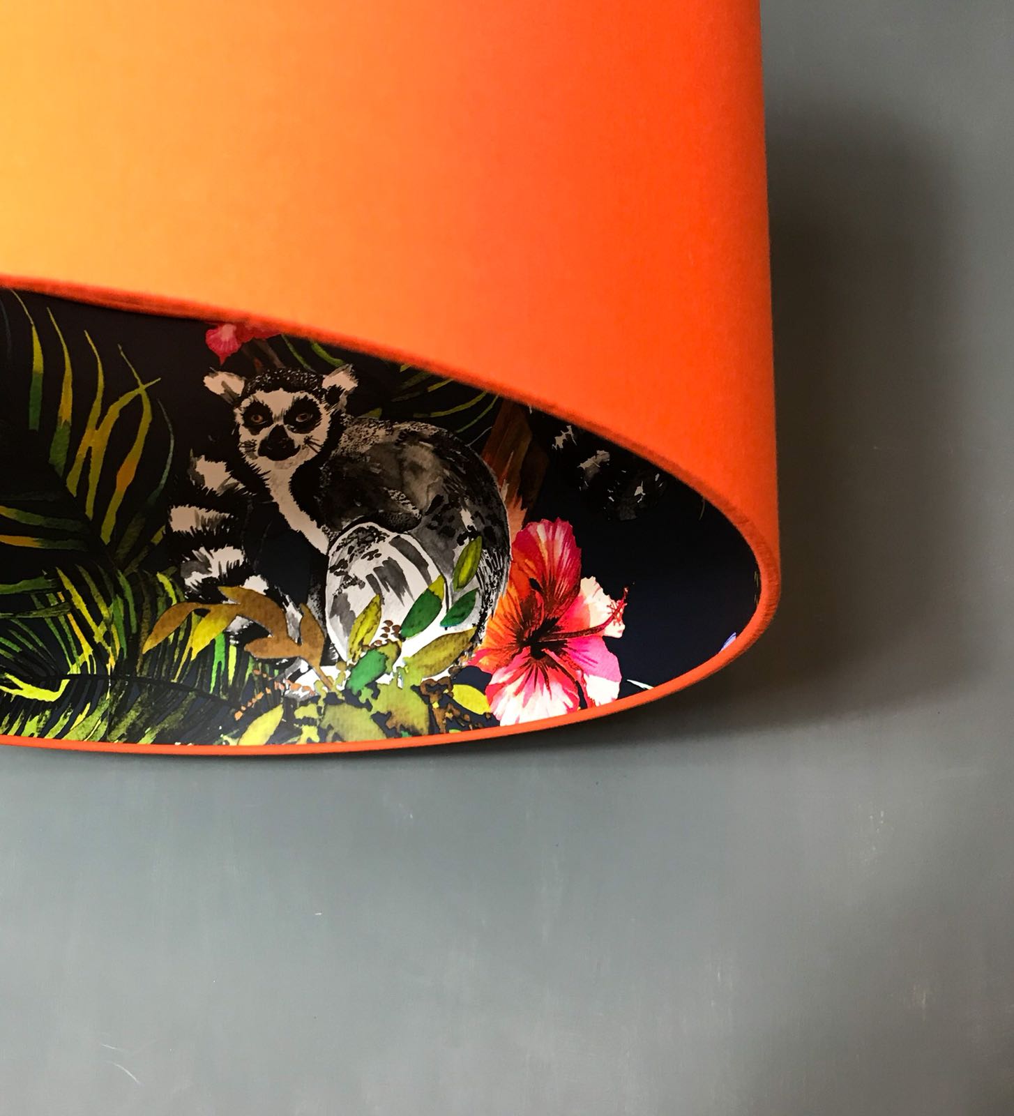 Midnight Blue Lemur Silhouette Lampshade in Tangerine Orange Close Up