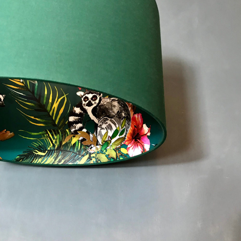 Teal lemur wallpaper lampshade in Hunter Green Cotton Close Up