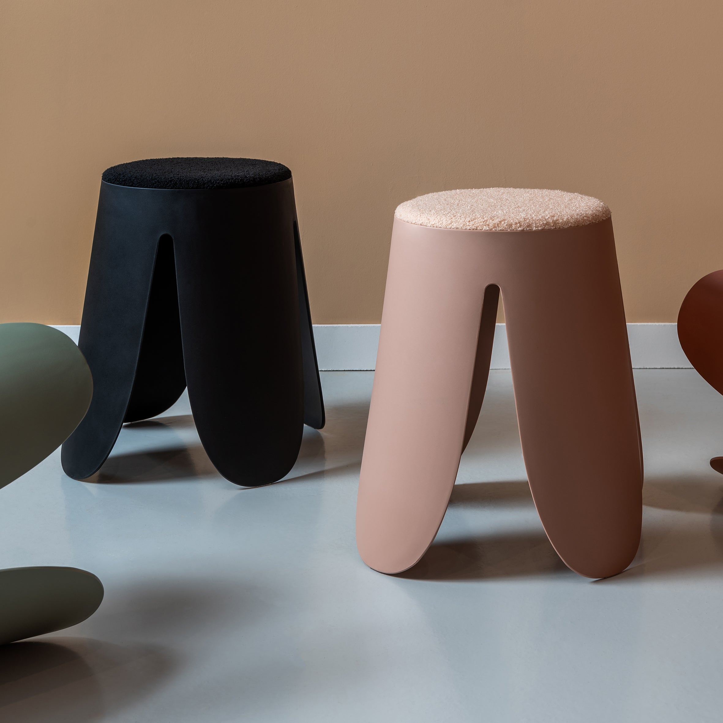 Padded Boucle Stools in Soft Pink and Jet Black