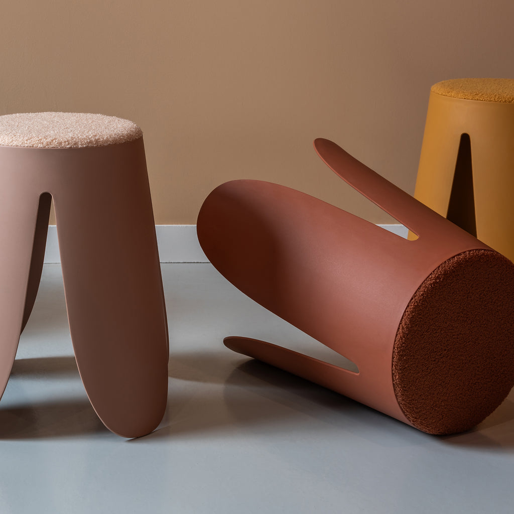 Padded Boucle Stools, Soft Pink, Rust and Mustard