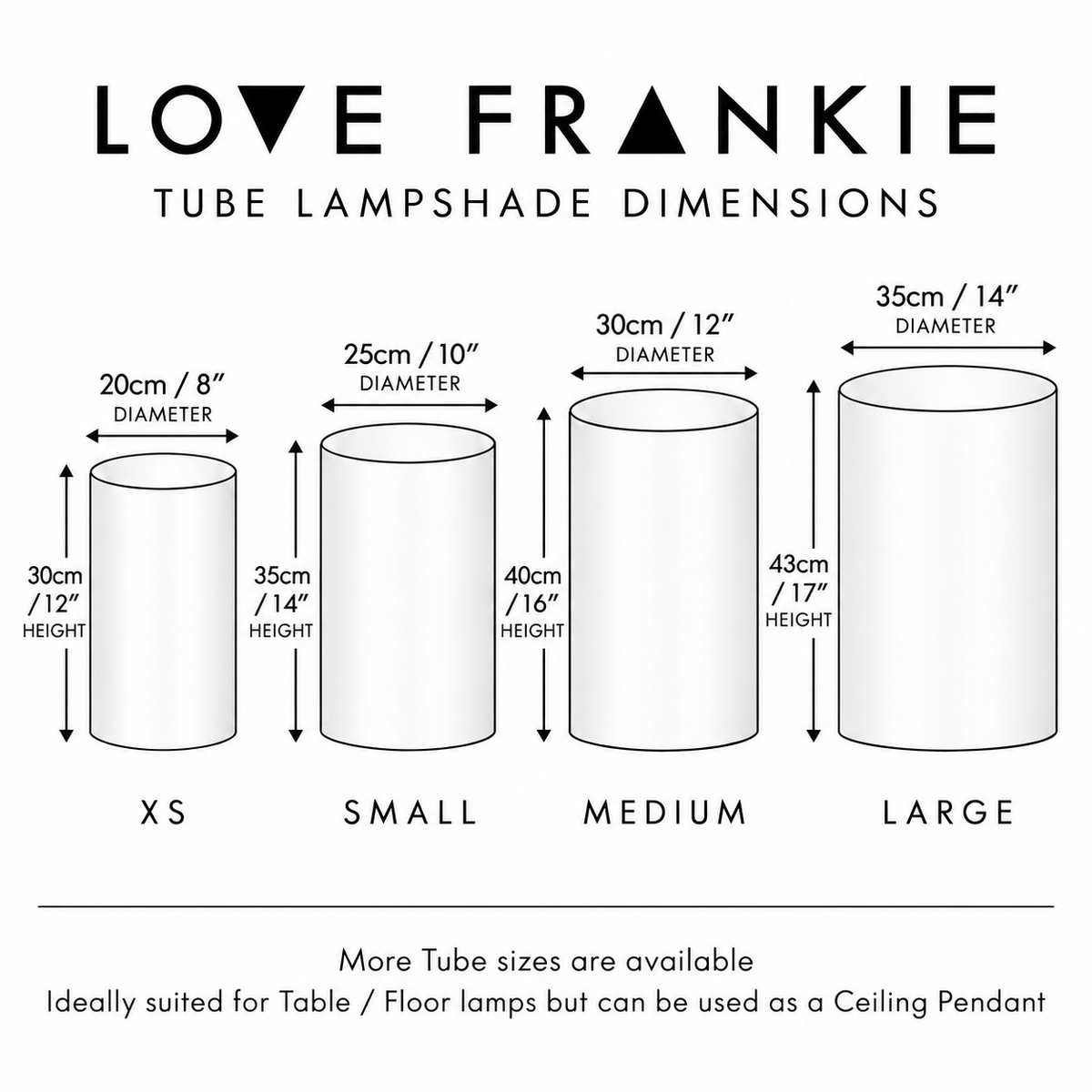 Love Frankie tube lampshade dimensions showing extra-small, small, medium and large sizes with diameter and height measurements