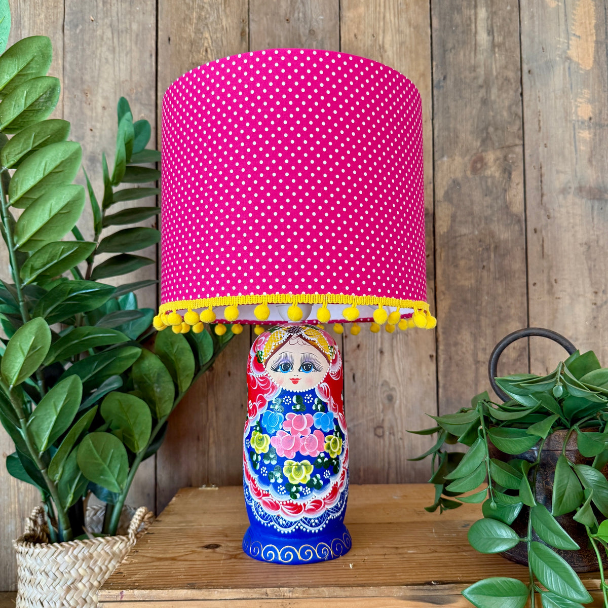 Large Handmade Dinky Doll Cordless Lamp with Pink Polka Dot Shade