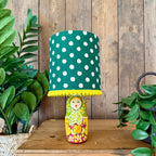 Small Handmade Dinky Doll Cordless Lamp with Clover Green Polka Dot Shade