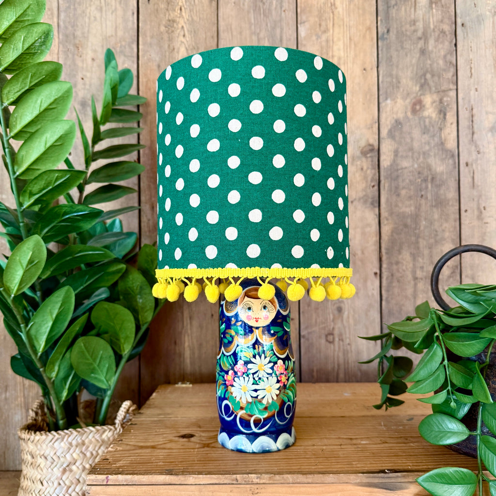 Medium Handmade Dinky Doll Cordless Lamp with Clover Green Polka Dot Shade