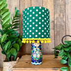 Medium Handmade Dinky Doll Cordless Lamp with Clover Green Polka Dot Shade