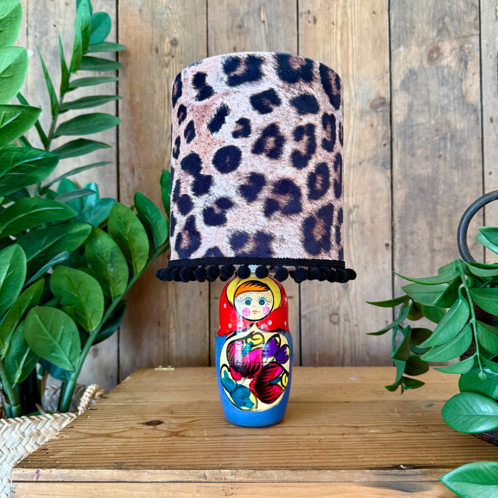 Small Handmade Dinky Doll Cordless Lamp with Jaguar Print Shade