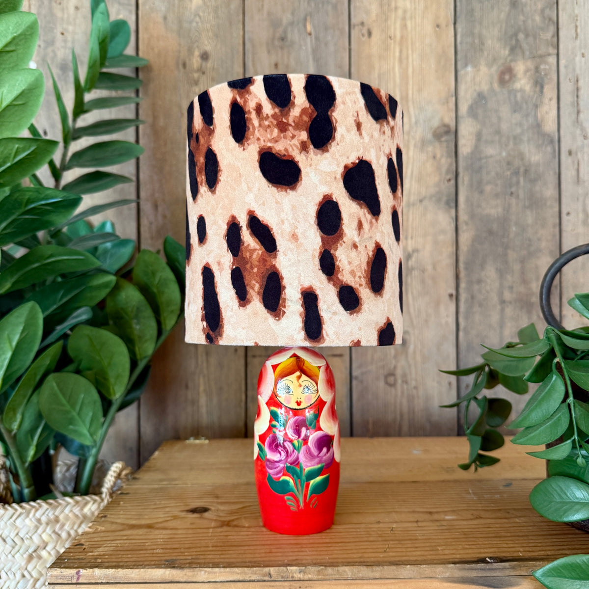 Small Handmade Dinky Doll Cordless Lamp with Leopardess Print Shade