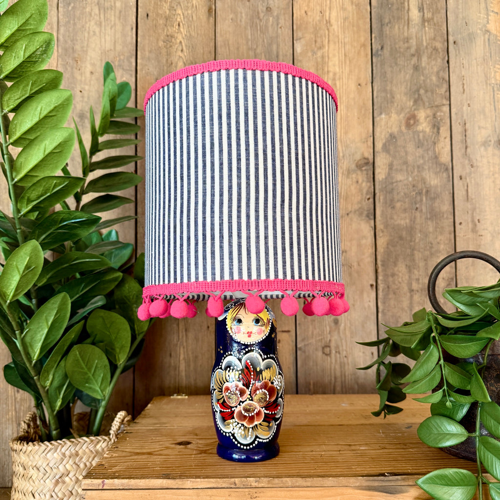 Medium Handmade Dinky Doll Cordless Lamp with Navy & White Stripe Shade