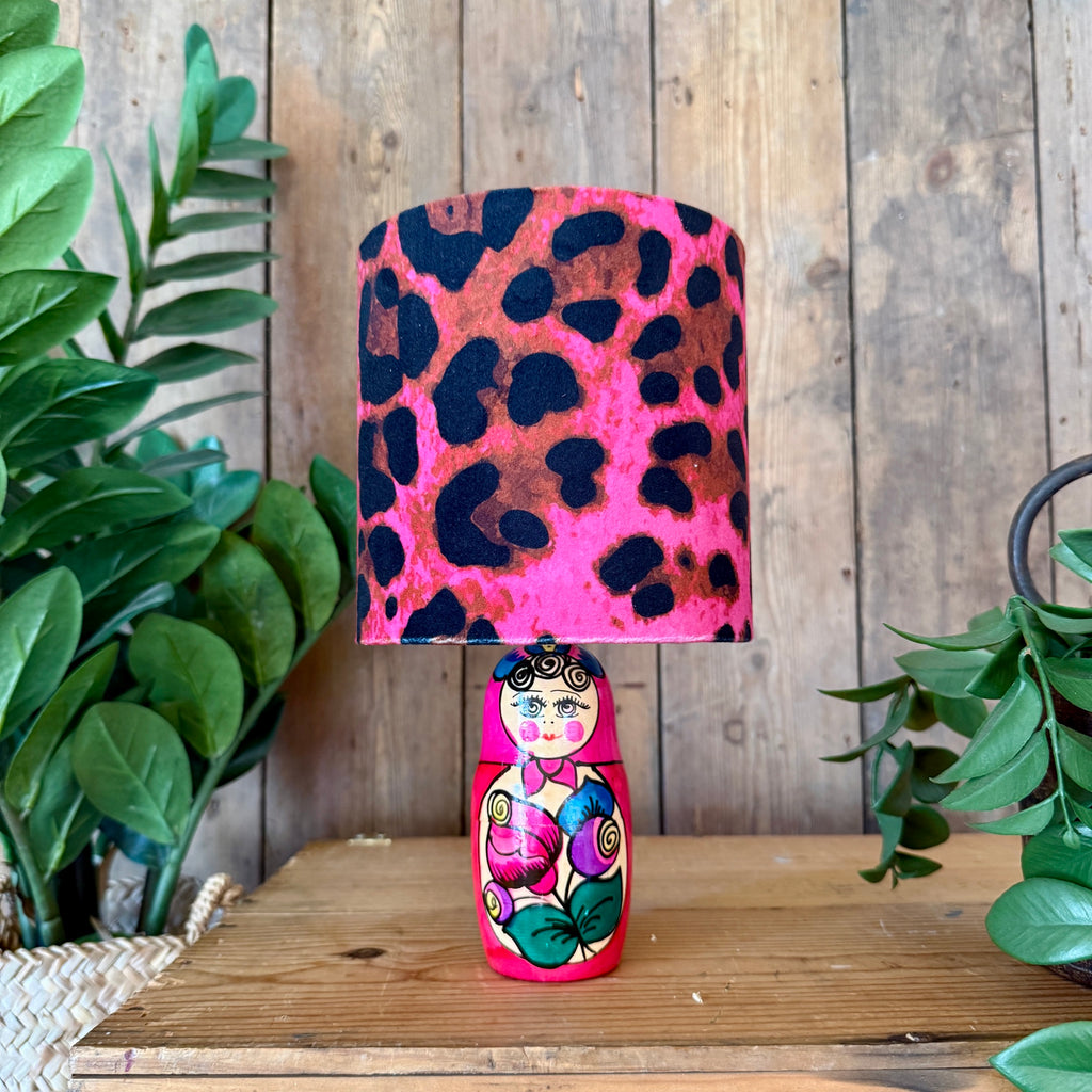 Small Handmade Dinky Doll Cordless Lamp with Pink Neon Leopard Print Shade