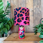 Small Handmade Dinky Doll Cordless Lamp with Pink Neon Leopard Print Shade
