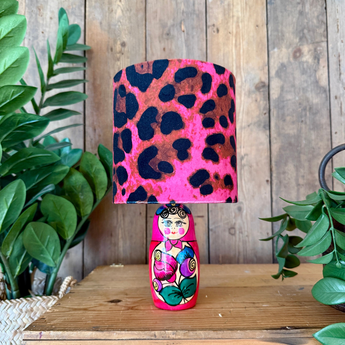 Small Handmade Dinky Doll Cordless Lamp with Pink Neon Leopard Print Shade