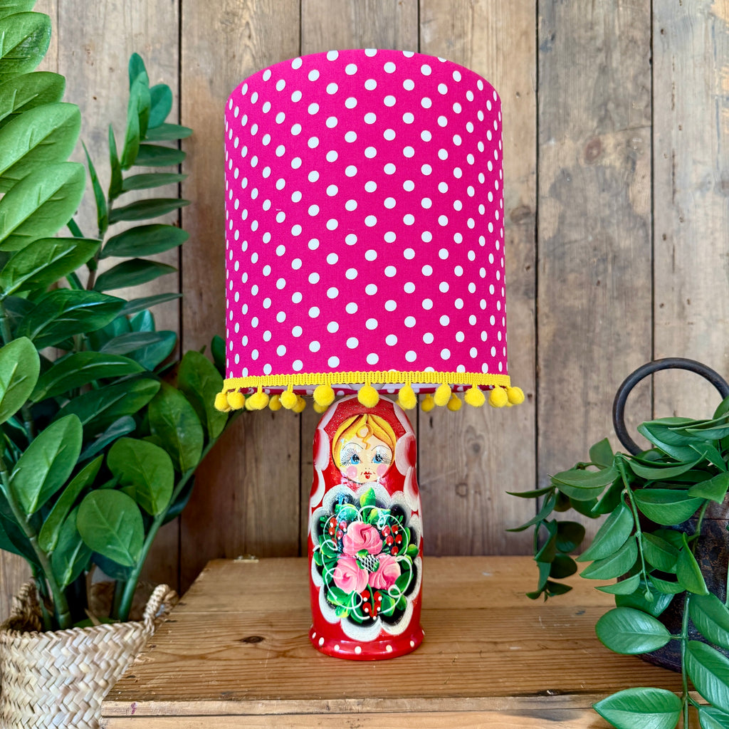 Medium Handmade Dinky Doll Cordless Lamp with Pink Polka Dot Shade