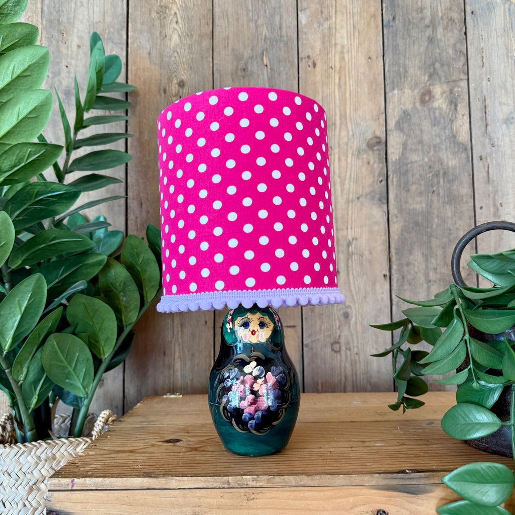 Small Handmade Dinky Doll Cordless Lamp with Pink Polka Dot Shade