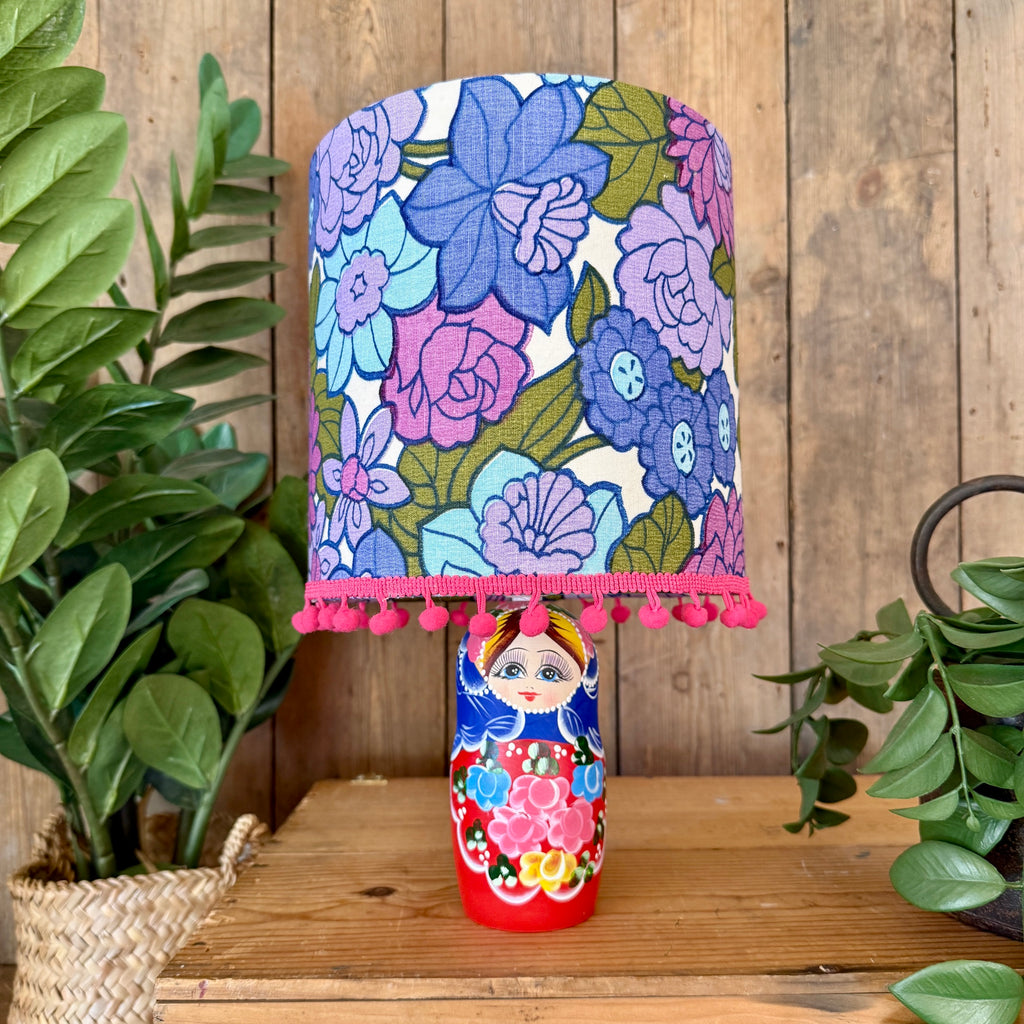 Medium Handmade Dinky Doll Cordless Lamp with Purple Vintage Flowers Shade