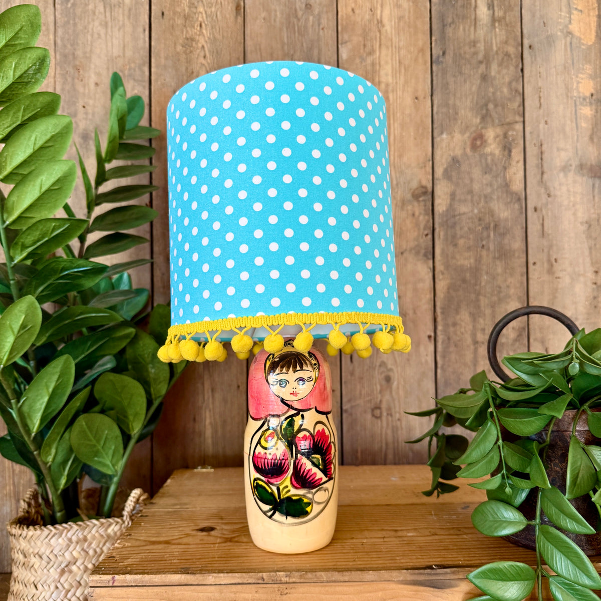 Medium Handmade Dinky Doll Cordless Lamp with Sky Blue Polka Dot Shade