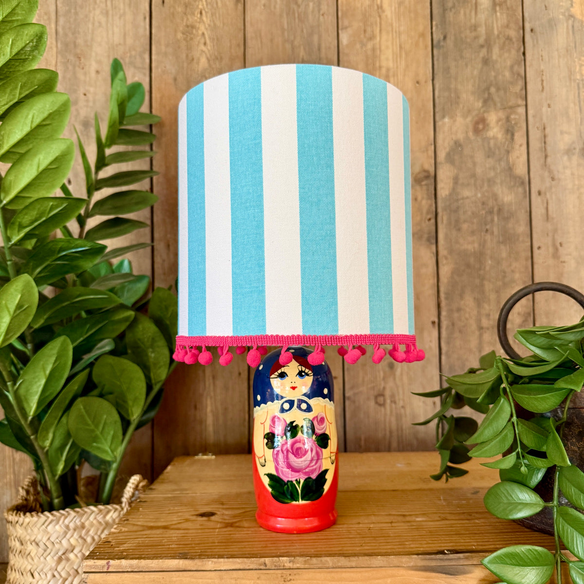 Medium Handmade Dinky Doll Cordless Lamp with Sky and White Stripe Shade