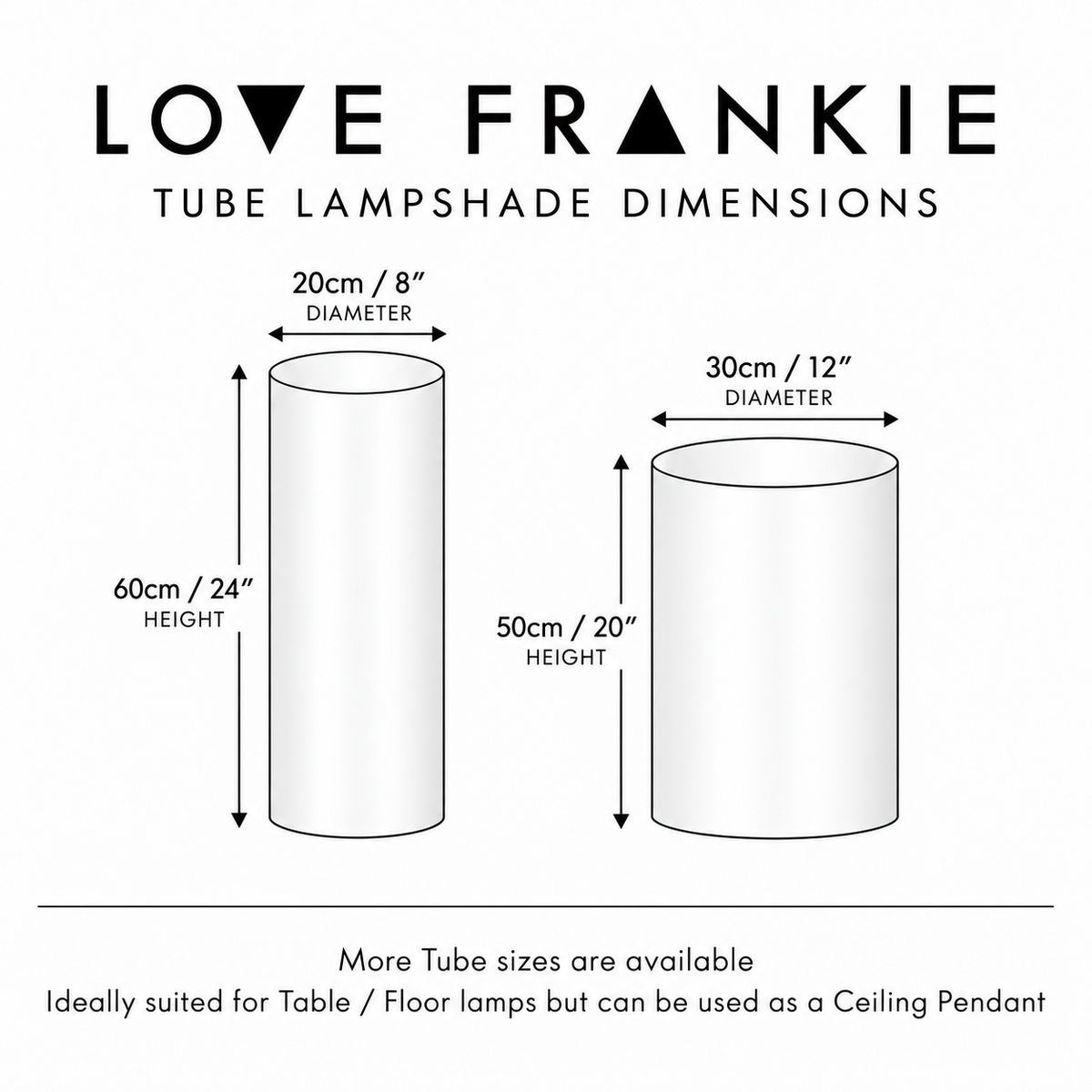 Love Frankie tube lampshade dimensions showing extra-small, small, medium and large sizes with diameter and height measurements