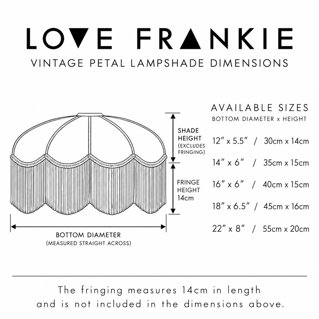 Love Frankie vintage petal lampshade dimensions showing available sizes, bottom diameters, shade heights and 14cm fringe