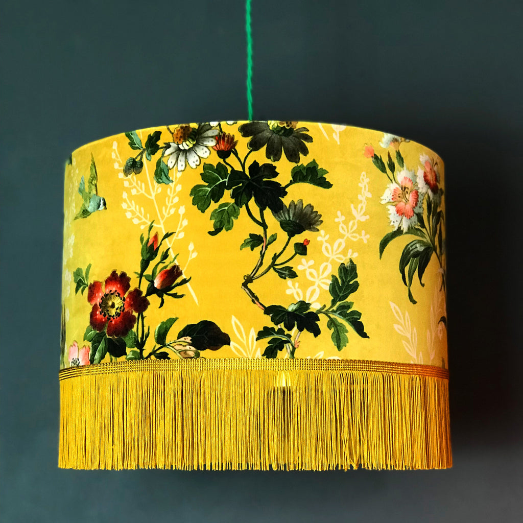 Floral Mustard Velvet Lampshade with Gold Lining & Fringing