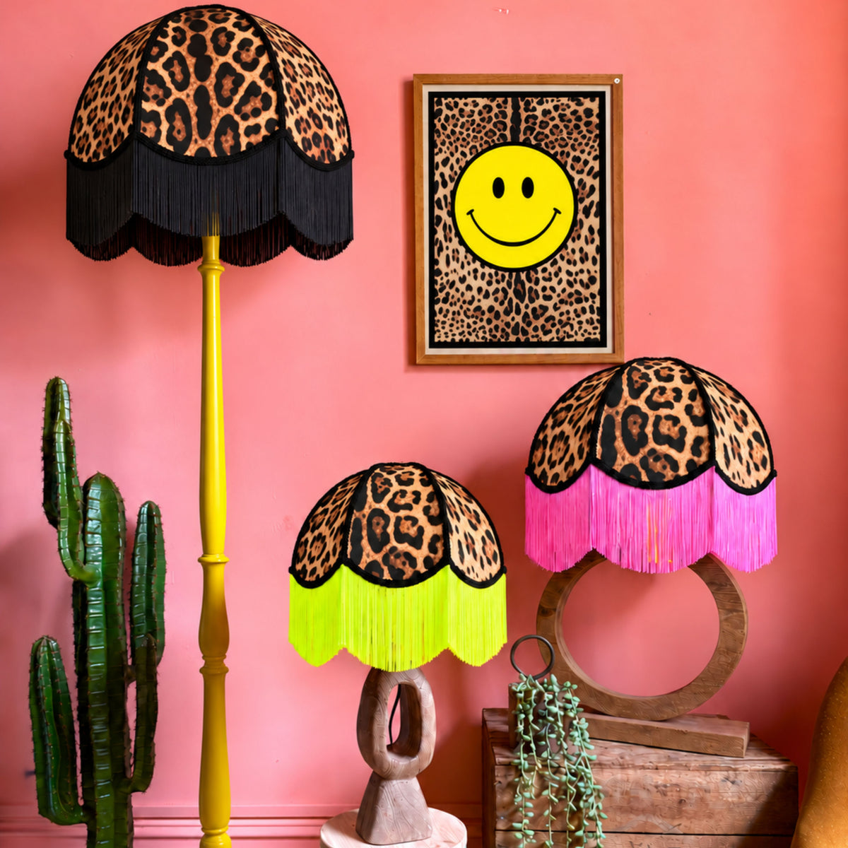 Trixie, Dixie & Pixie Leopard Print Vintage Dome Lampshades with Swishing Fringing