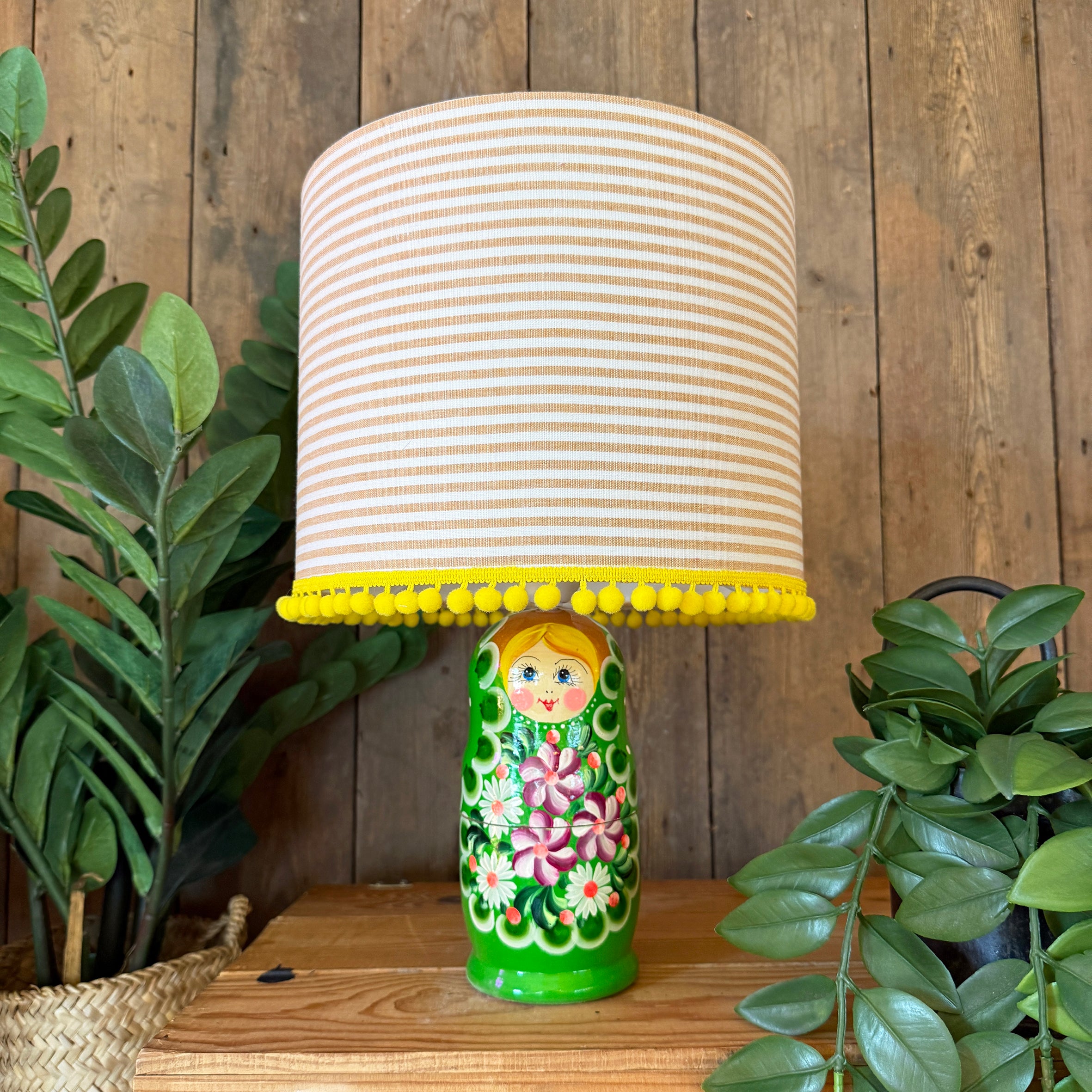 Extra Large Handmade Dinky Doll Cordless Lamp with Pink and White Striped Shade