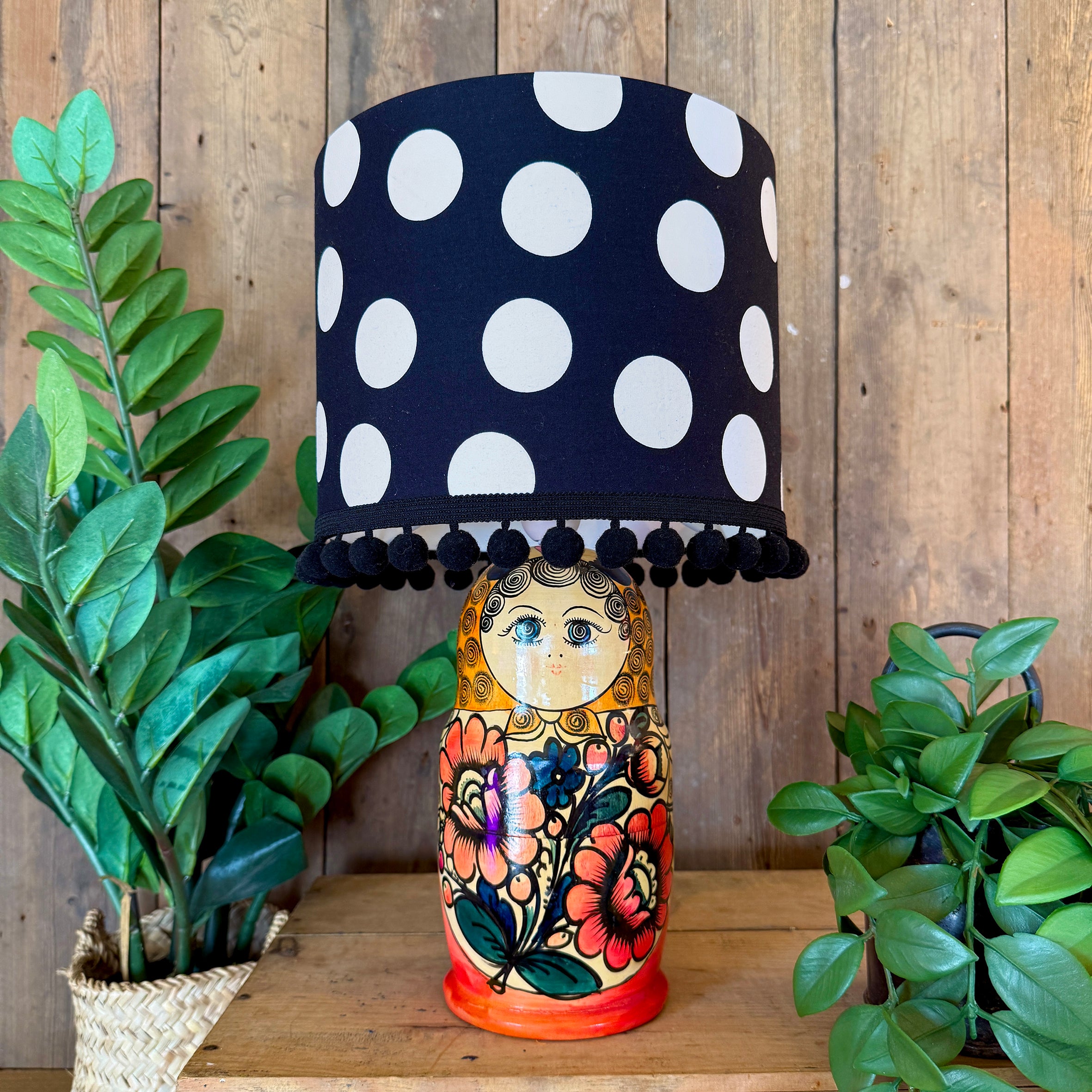 Extra Large Handmade Dinky Doll Cordless Lamp with Black Polka Dot