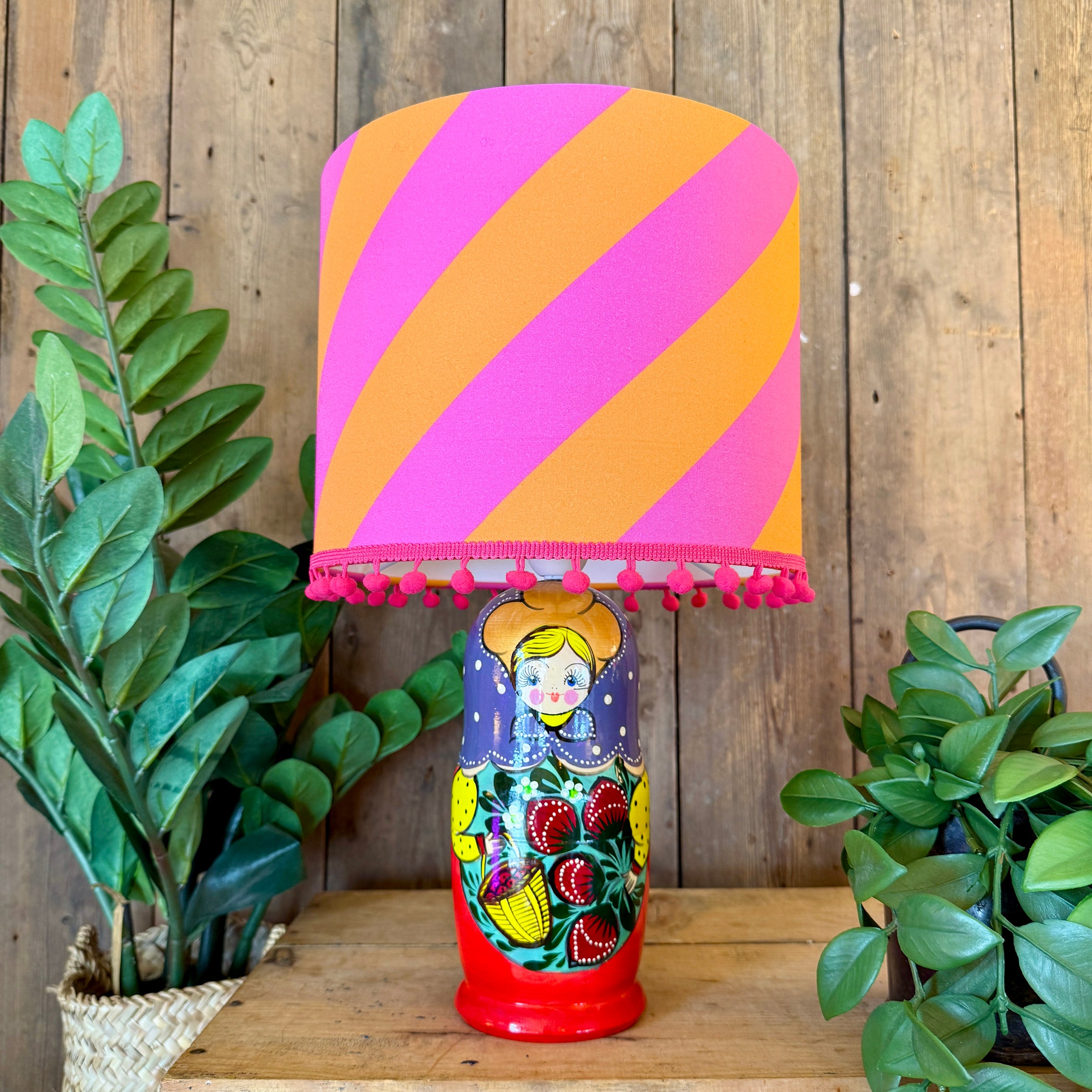 Large Handmade Dinky Doll Cordless Lamp with Tutti Frutti Stripe
