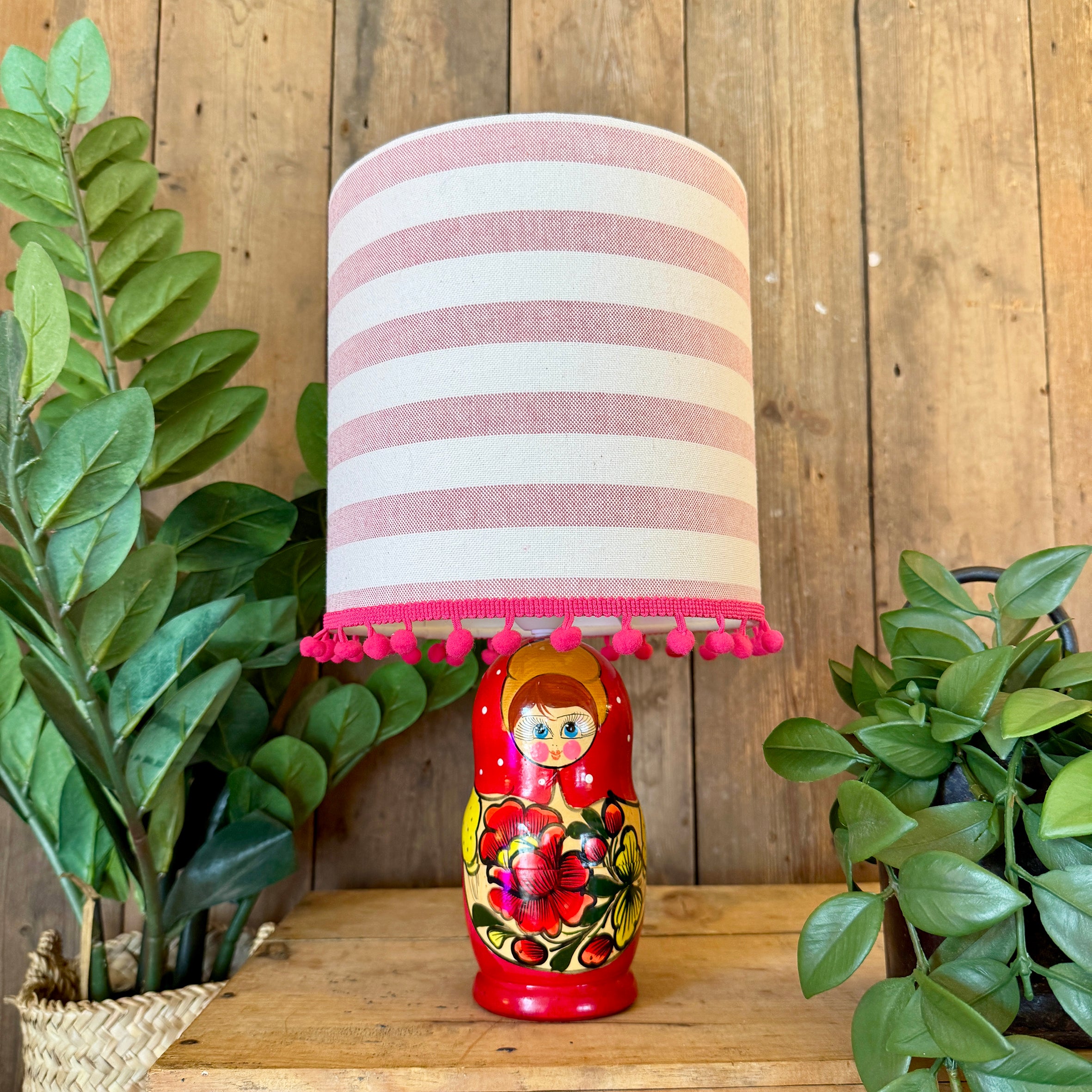 Medium Handmade Dinky Doll Cordless Lamp with Pink Stripe Shade