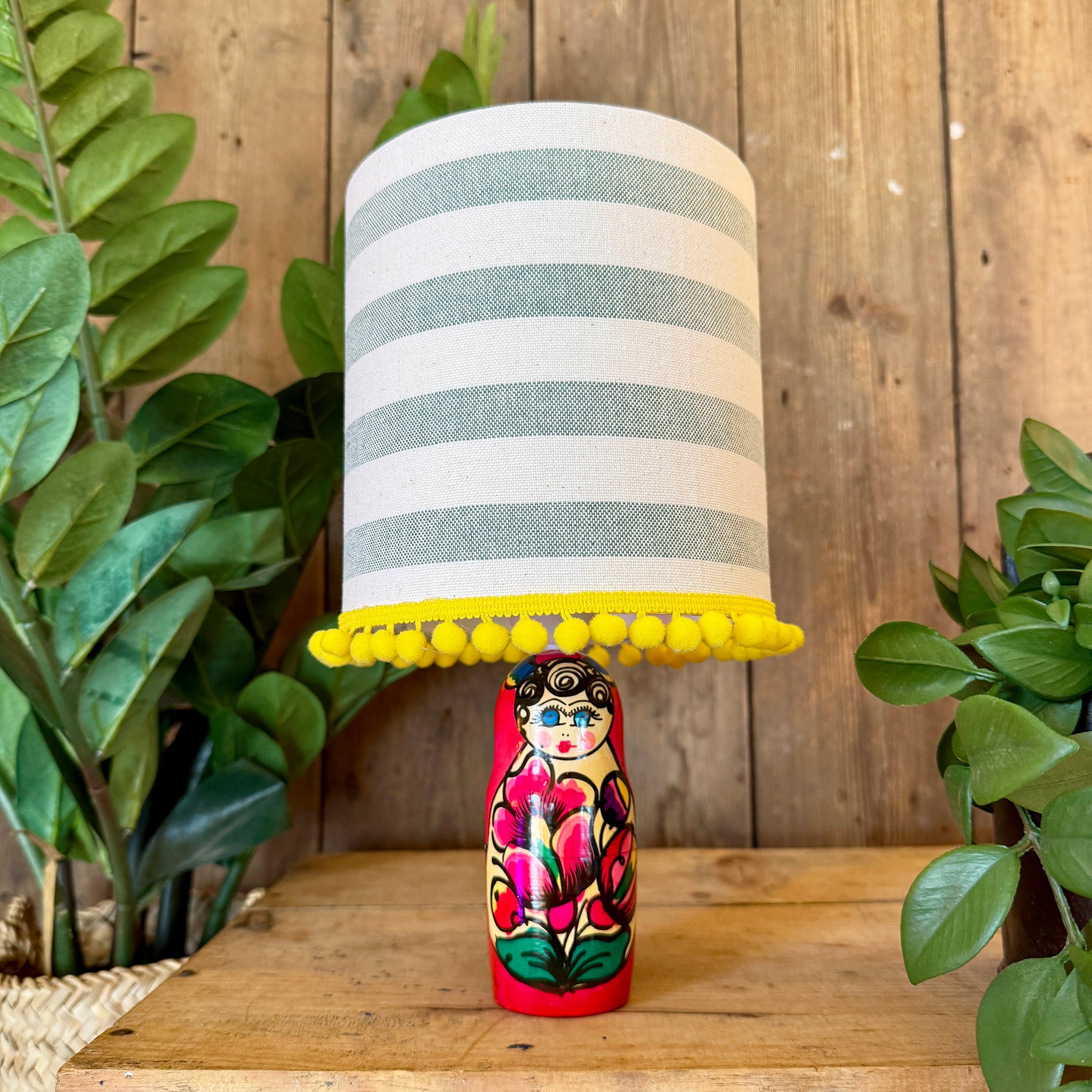 Small Handmade Dinky Doll Cordless Lamp with Green Stripe Shade