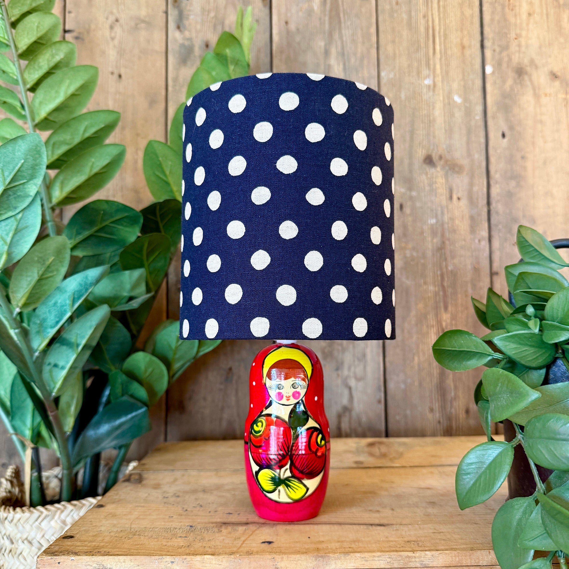 Small Handmade Dinky Doll Cordless Lamp with Navy Blue Polka Dot Shade